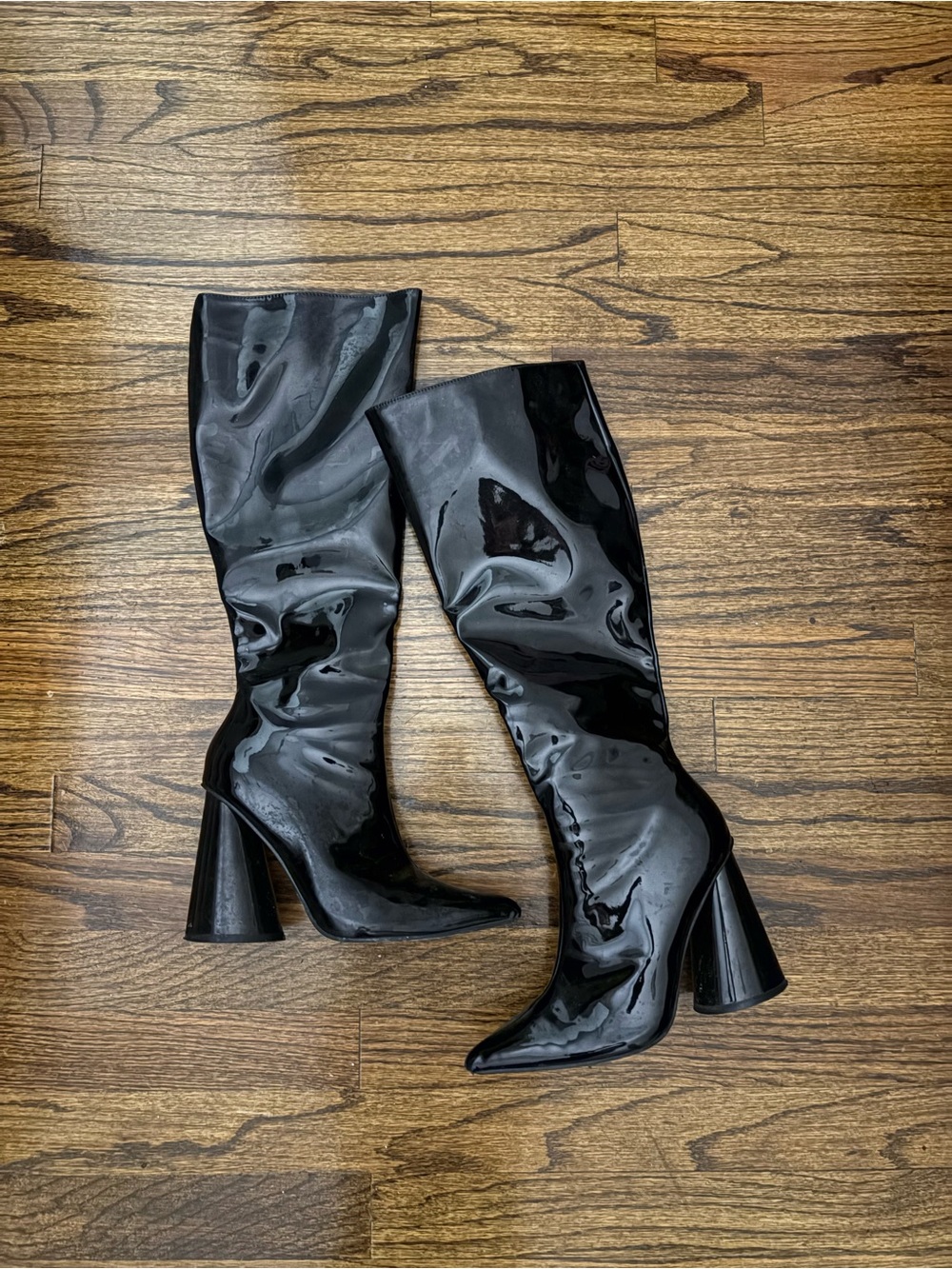 Patent Black Knee-High Heeled Boots for Women